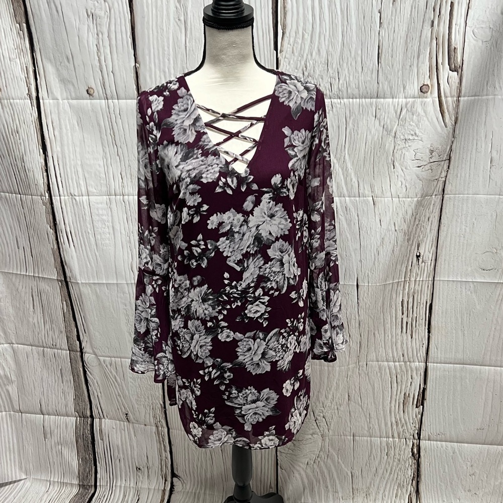 SPEECHLESS Maroon, Black & Gray Floral Bell Sleeve Dress - Medium - Picture 2 of 9